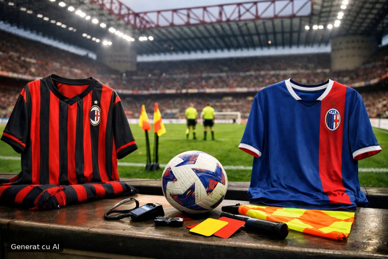 Ilustrație editorială pentru AC Milan – Bologna, astăzi la San Siro: ora de start, etapa și arbitrii. Generat cu AI.