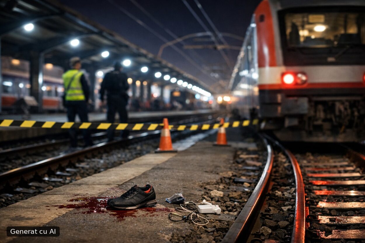 Ilustrație editorială pentru Accident în Gara de Nord București: o persoană, lovită de trenul internațional IRN 472 la plecarea de la linia 5. Generat cu AI.
