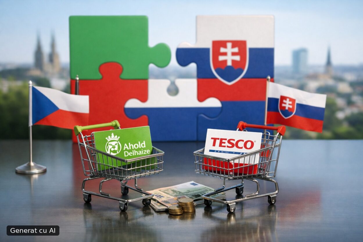 Ilustrație editorială pentru Ahold Delhaize preia afacerile Tesco din Cehia și Slovacia, acord în așteptarea aprobărilor. Generat cu AI.