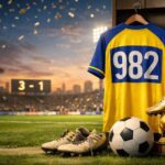 Ilustrație editorială pentru Al Nassr câștigă 3-1 cu Al-Faisaly; golul controversat al lui Ronaldo e creditat și îl duce la 982. Generat cu AI.