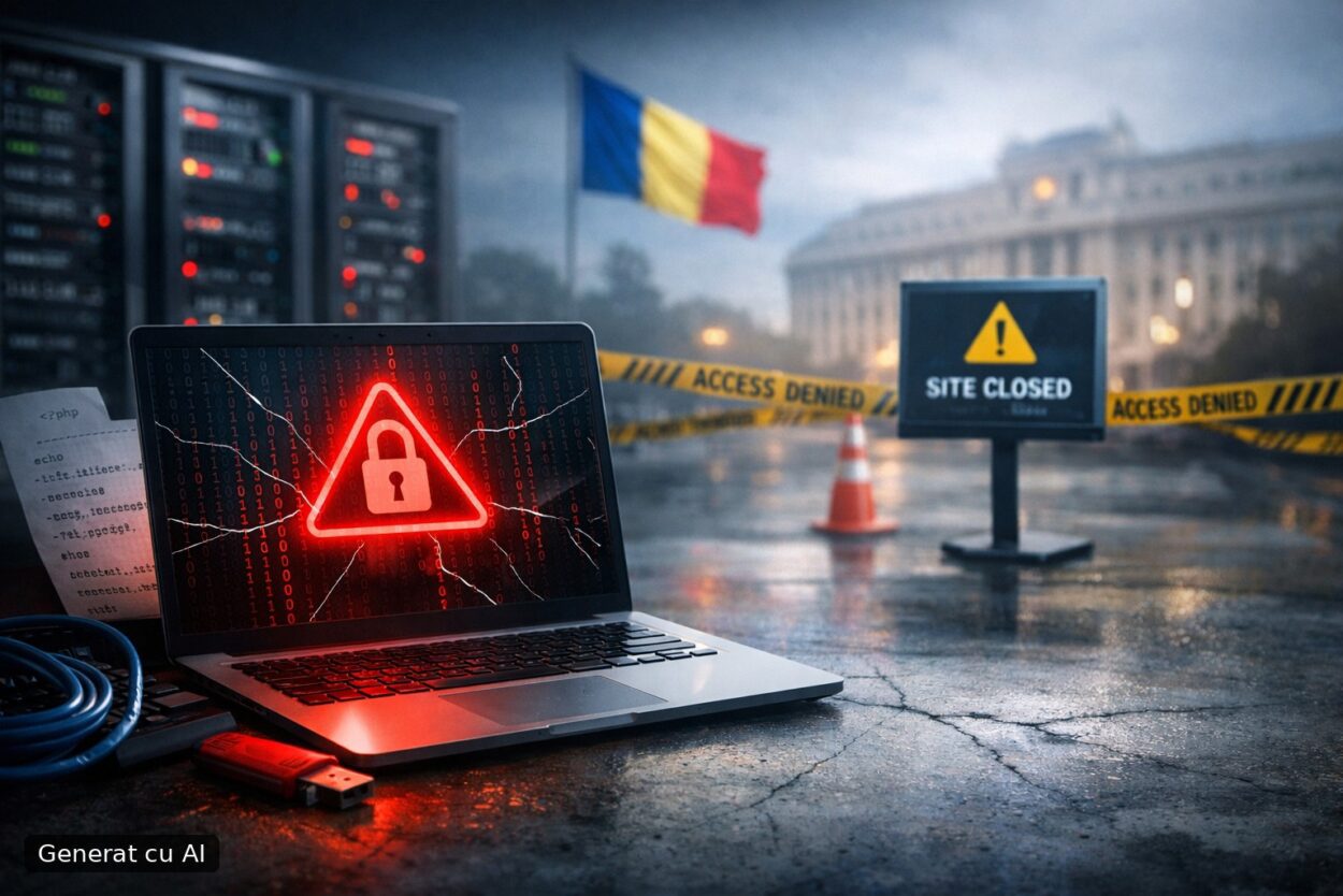 Ilustrație editorială pentru Alertă globală privind vulnerabilități critice în PHP. În România, site-uri publice oprite preventiv pentru actualizări de securitate. Generat cu AI.