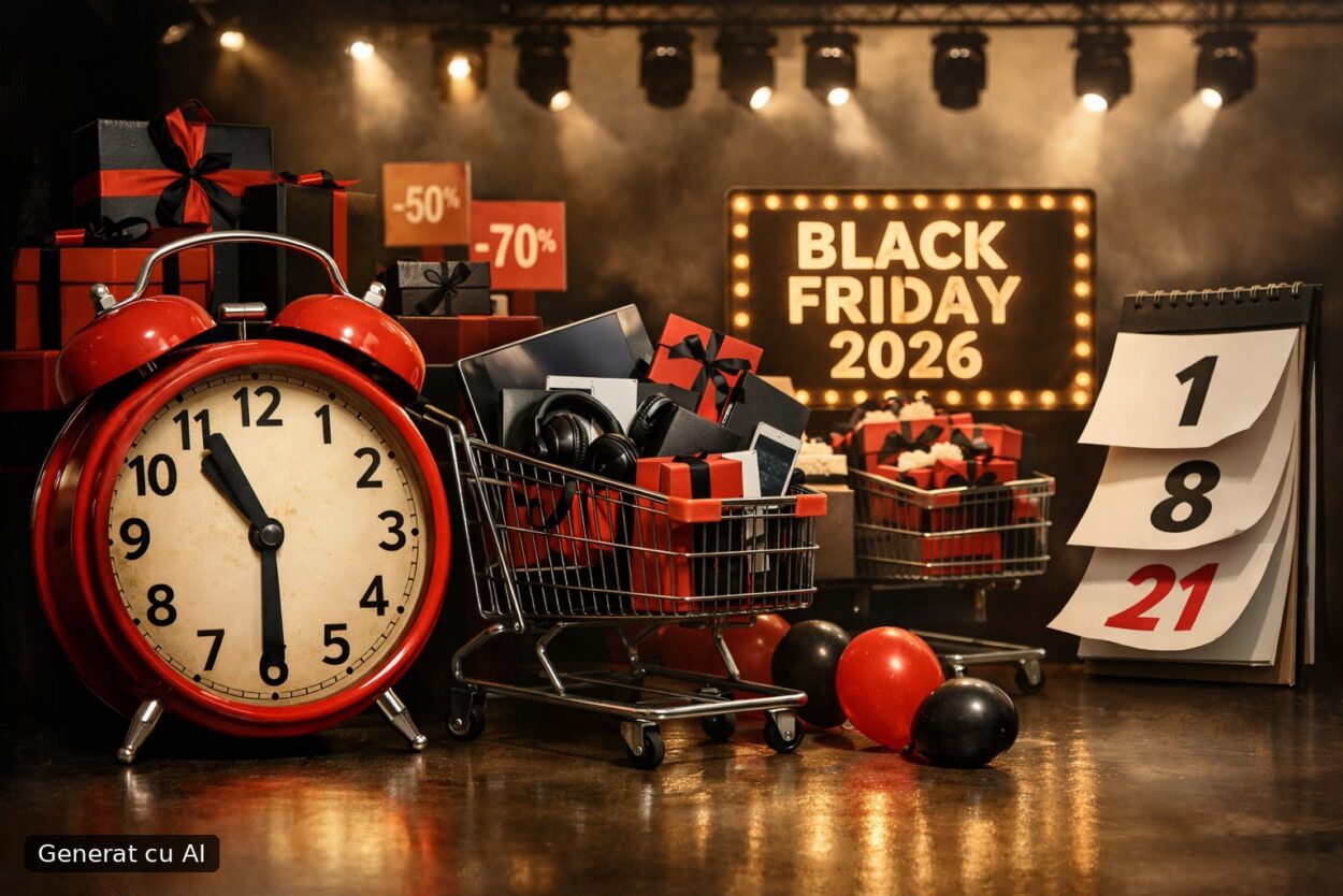 Ilustrație editorială pentru Altex a dat startul campaniei de Black Friday 2026: reduceri în etape, circa trei săptămâni. Generat cu AI.