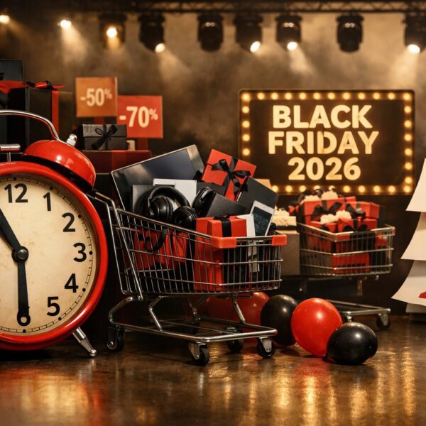 Ilustrație editorială pentru Altex a dat startul campaniei de Black Friday 2026: reduceri în etape, circa trei săptămâni. Generat cu AI.