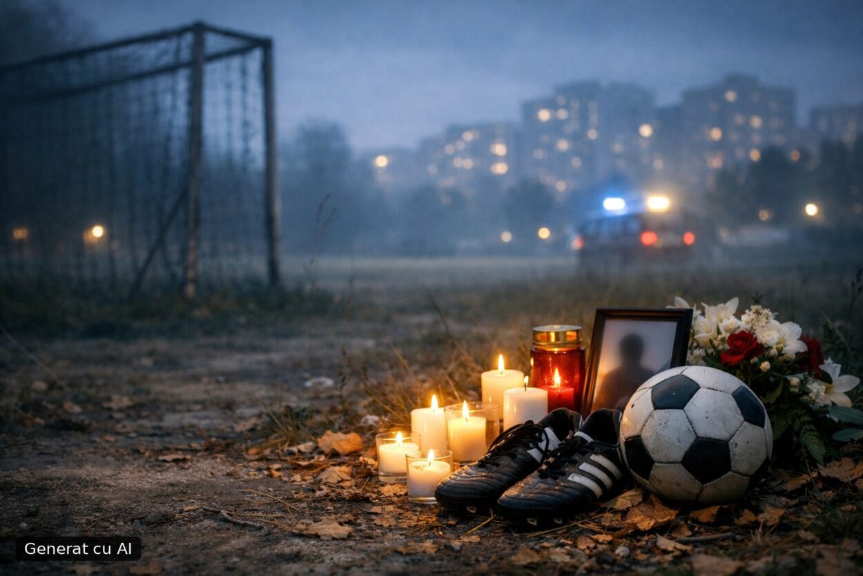 Ilustrație editorială pentru Fostul fotbalist Andrei Petrache, 26 de ani, a fost găsit mort. Generat cu AI.