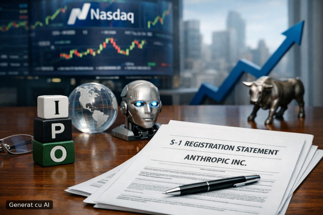 Ilustrație editorială pentru Anthropic depune la SEC formularul S-1 pentru un IPO; țintește listarea pe Nasdaq sub simbolul ANT. Generat cu AI.
