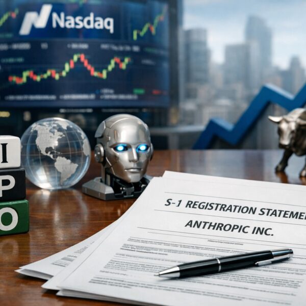 Ilustrație editorială pentru Anthropic depune la SEC formularul S-1 pentru un IPO; țintește listarea pe Nasdaq sub simbolul ANT. Generat cu AI.