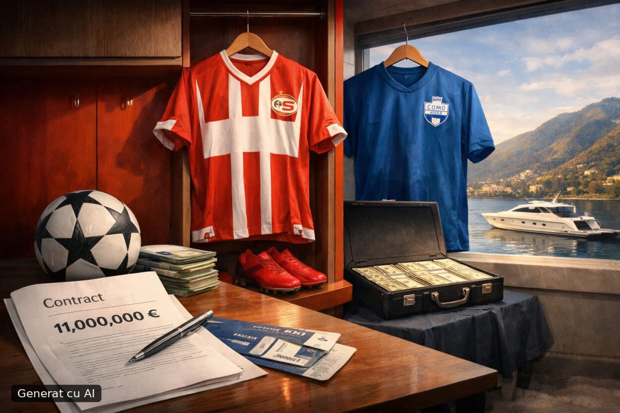 Ilustrație editorială pentru Giovanni Becali: Dennis Man a refuzat circa 11 milioane € de la Como înainte să aleagă PSV. Generat cu AI.
