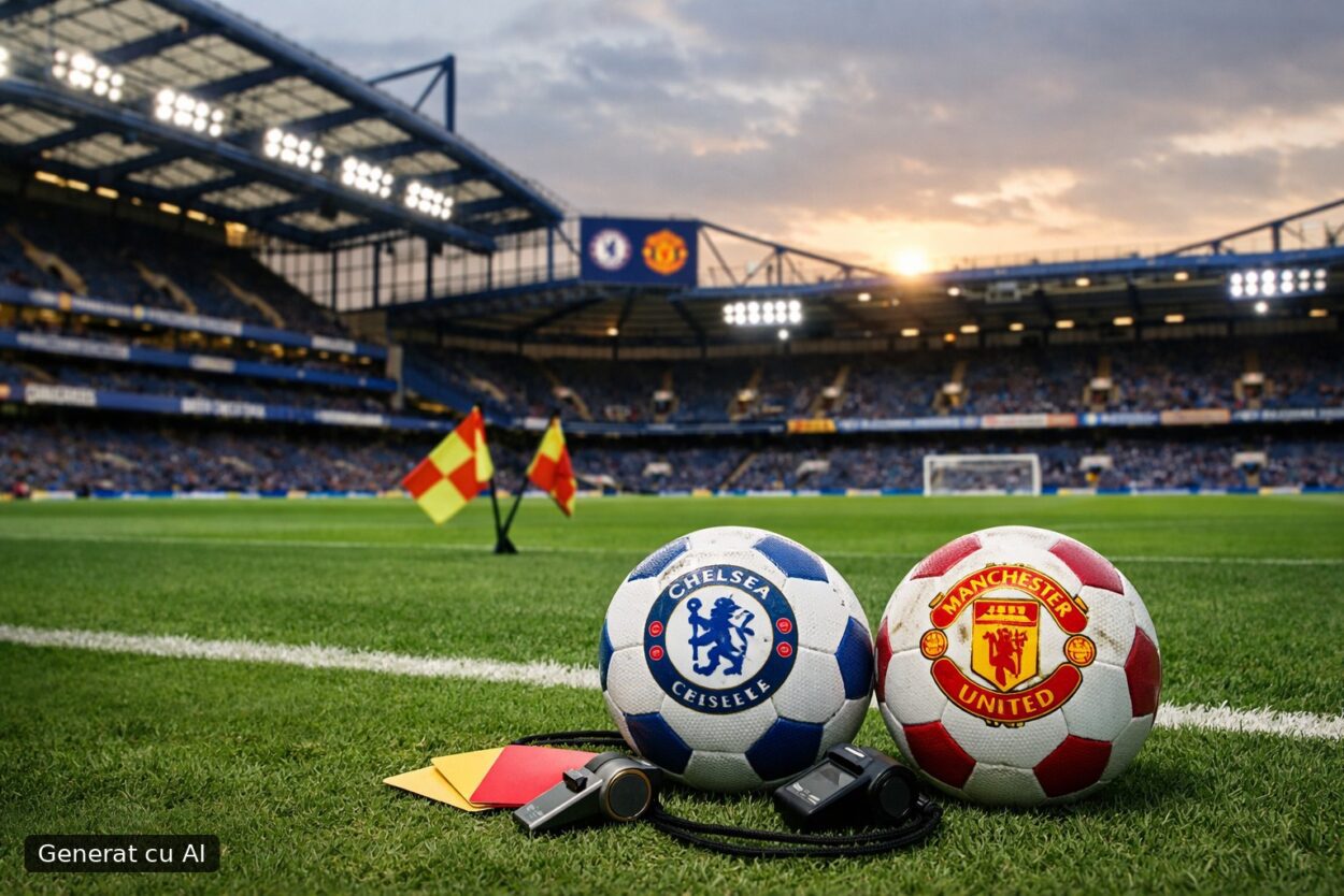 Ilustrație editorială pentru Chelsea – Manchester United se joacă azi pe Stamford Bridge: arbitrii, context și ora de start. Generat cu AI.