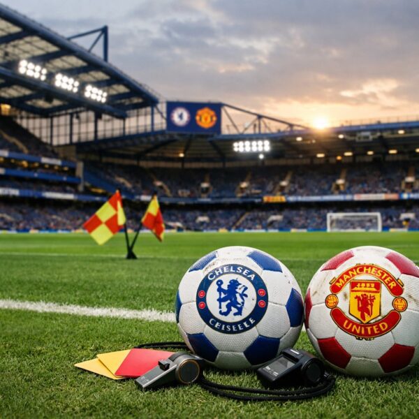 Ilustrație editorială pentru Chelsea – Manchester United se joacă azi pe Stamford Bridge: arbitrii, context și ora de start. Generat cu AI.