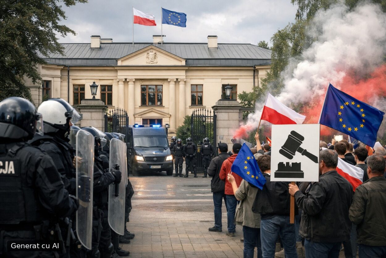 Ilustrație editorială pentru Criză constituțională în Polonia: poliția la Curtea Constituțională, proteste și acuzații de „lovitură de stat”. Generat cu AI.