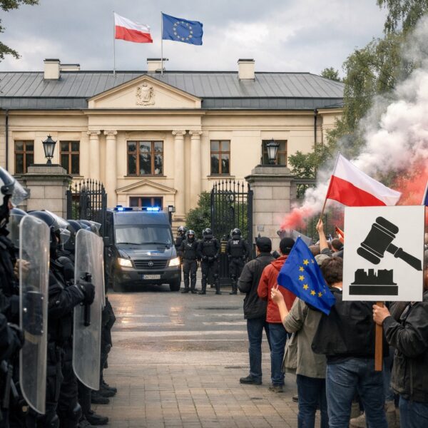 Ilustrație editorială pentru Criză constituțională în Polonia: poliția la Curtea Constituțională, proteste și acuzații de „lovitură de stat”. Generat cu AI.