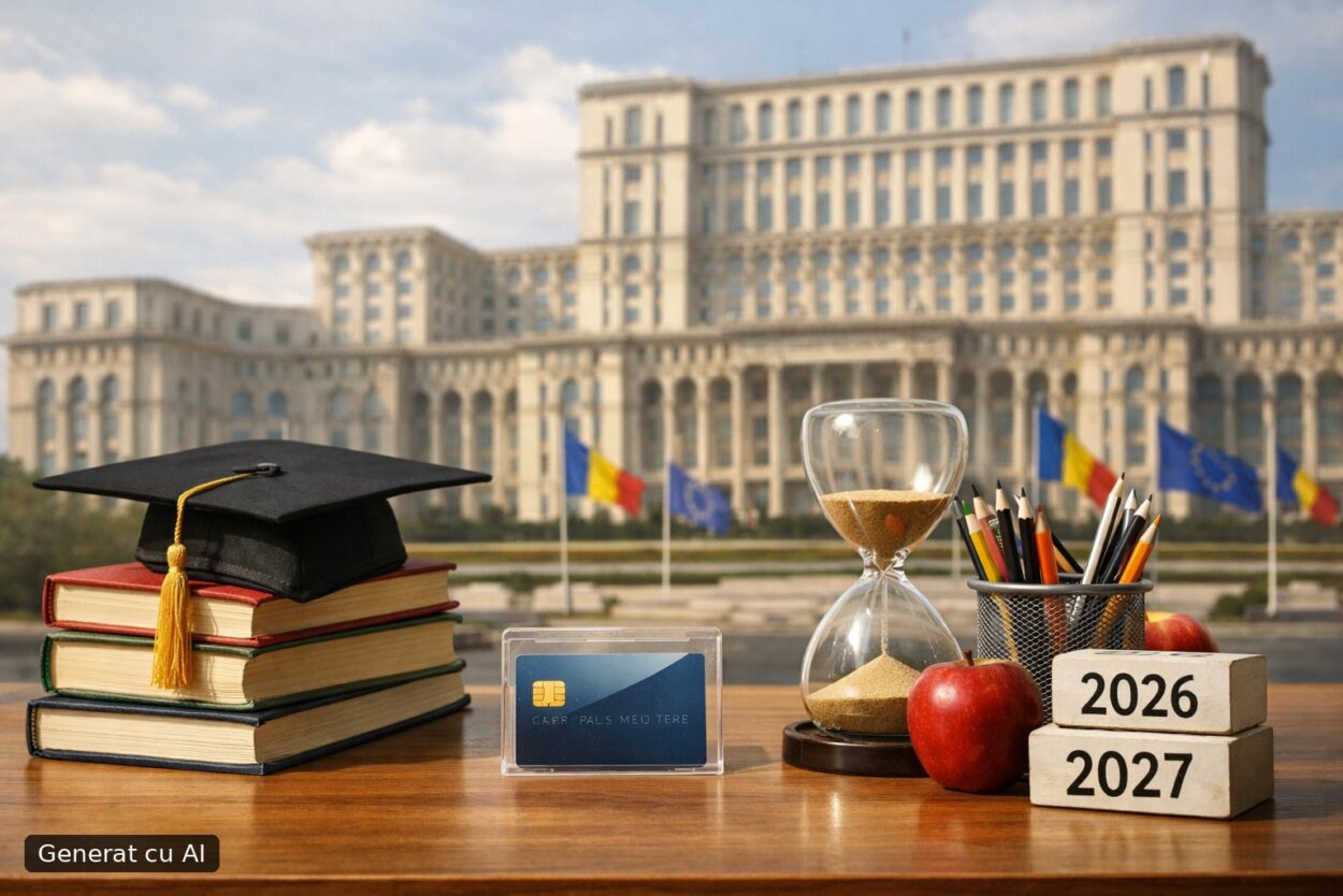 Ilustrație editorială pentru Guvernul propune, prin proiect de OUG, deblocarea plăților pentru „prima de carieră didactică” și prelungirea termenelor până la finalul lui 2026. Generat cu AI.