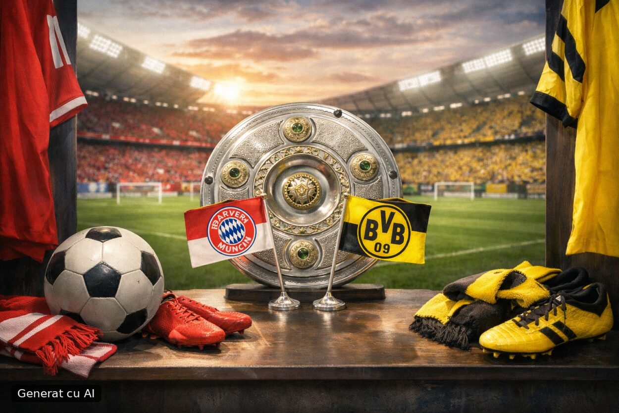 Ilustrație editorială pentru Der Klassiker azi: Bayern – Dortmund, duel pentru vârf în Bundesliga. Generat cu AI.