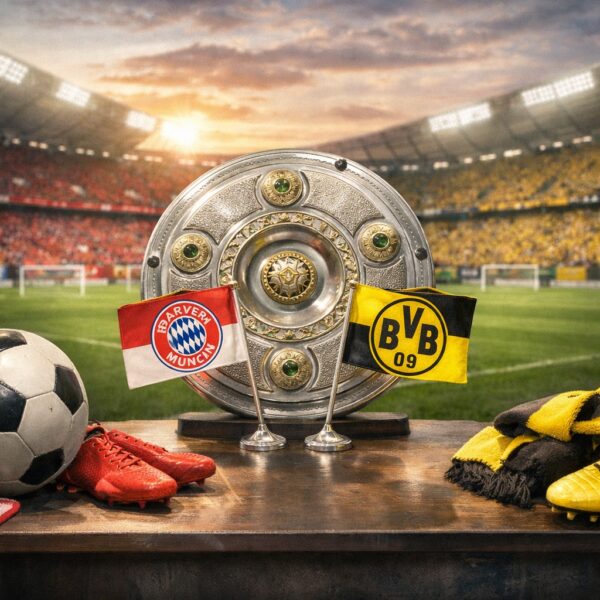 Ilustrație editorială pentru Der Klassiker azi: Bayern – Dortmund, duel pentru vârf în Bundesliga. Generat cu AI.