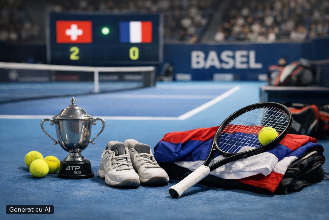 Ilustrație editorială pentru Revenire după 15 ani la Basel: Djokovic îl învinge pe Ugo Humbert și ajunge în optimi. Generat cu AI.