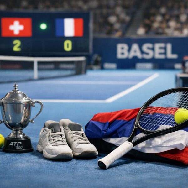 Ilustrație editorială pentru Revenire după 15 ani la Basel: Djokovic îl învinge pe Ugo Humbert și ajunge în optimi. Generat cu AI.