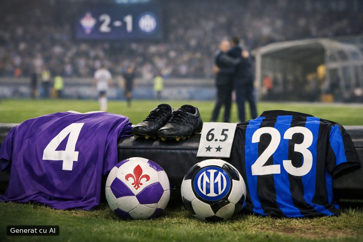 Ilustrație editorială pentru Radu Drăgușin, integralist la Fiorentina în eșecul cu Inter: 6,5 în Gazzetta și laude pentru dueluri. Generat cu AI.