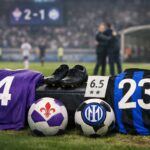 Ilustrație editorială pentru Radu Drăgușin, integralist la Fiorentina în eșecul cu Inter: 6,5 în Gazzetta și laude pentru dueluri. Generat cu AI.