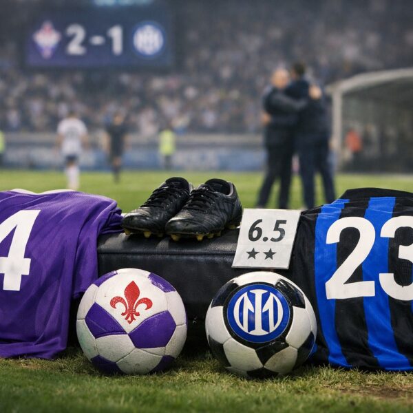 Ilustrație editorială pentru Radu Drăgușin, integralist la Fiorentina în eșecul cu Inter: 6,5 în Gazzetta și laude pentru dueluri. Generat cu AI.