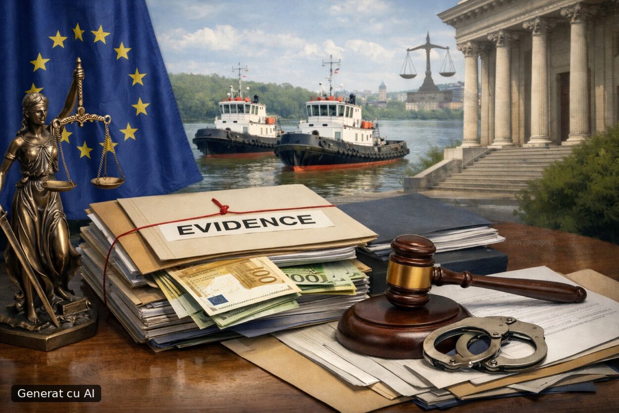 Ilustrație editorială pentru Parchetul European a trimis în judecată șase inculpați în dosarul remorcherelor AFDJ Galați. Cauza, la Tribunalul Iași. Generat cu AI.