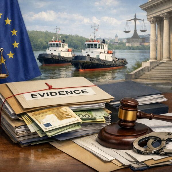 Ilustrație editorială pentru Parchetul European a trimis în judecată șase inculpați în dosarul remorcherelor AFDJ Galați. Cauza, la Tribunalul Iași. Generat cu AI.