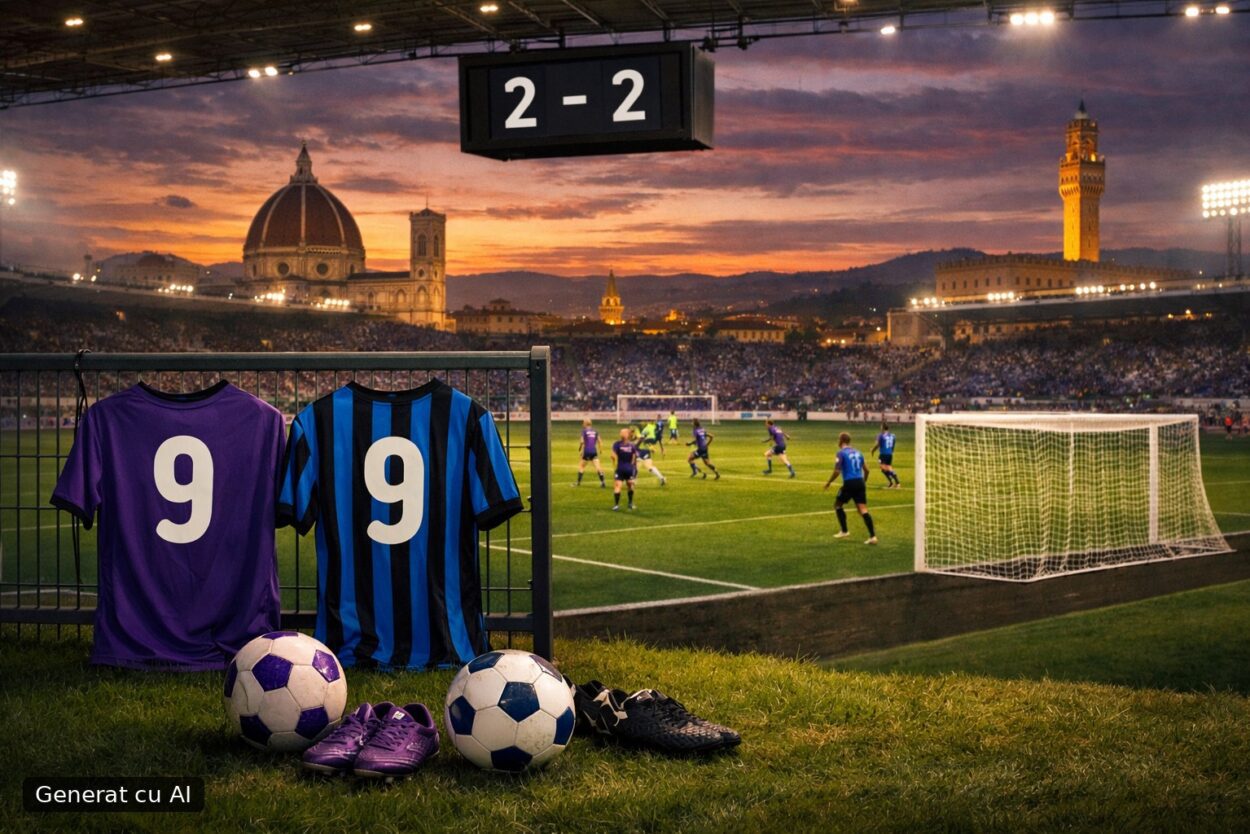 Ilustrație editorială pentru Fiorentina – Atalanta 2–2, azi în Serie A: scor final, primul 11 și marcatorii. Generat cu AI.