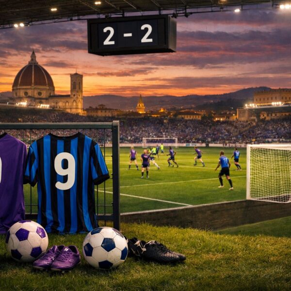 Ilustrație editorială pentru Fiorentina – Atalanta 2–2, azi în Serie A: scor final, primul 11 și marcatorii. Generat cu AI.