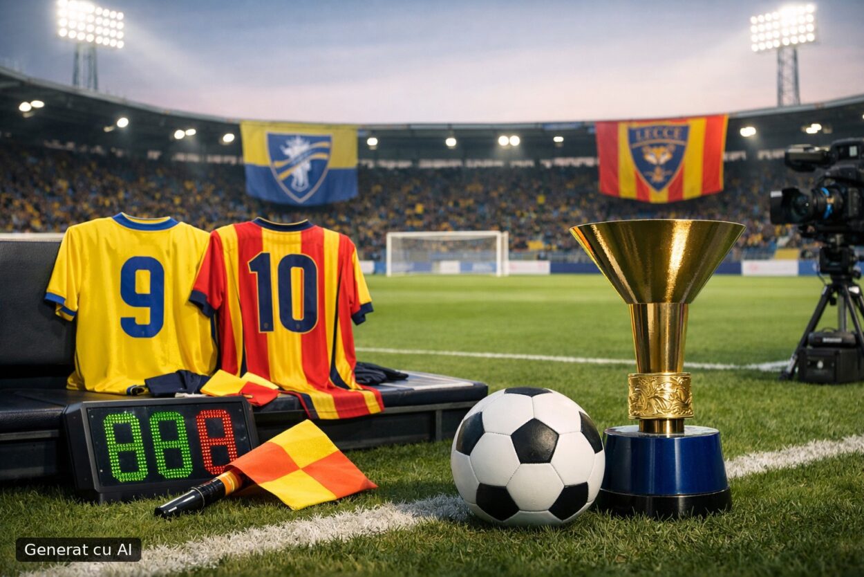 Ilustrație editorială pentru Frosinone – Lecce se joacă azi în Serie A: date-cheie, oficiali și TV. Generat cu AI.