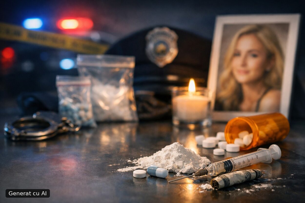 Ilustrație editorială pentru Poliția din Greenville a închis ancheta în cazul morții lui Hayden Panettiere: deces accidental cauzat de mai multe droguri, inclusiv fentanyl. Generat cu AI.