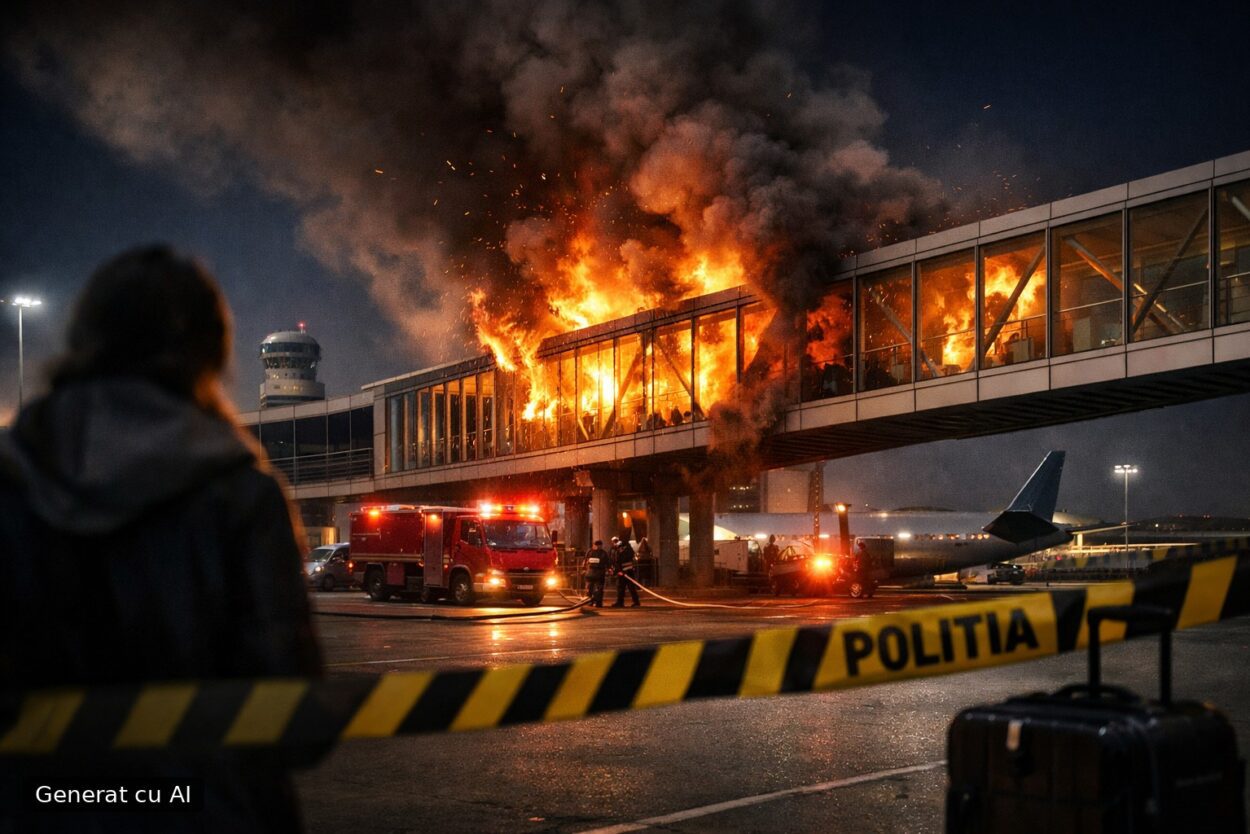 Ilustrație editorială pentru Incendiu la Aeroportul Henri Coandă, o suspectă. Generat cu AI.