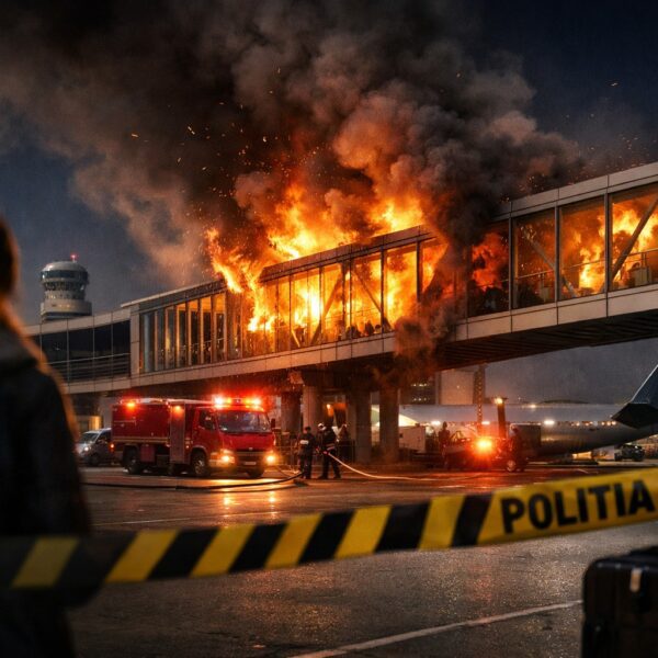 Ilustrație editorială pentru Incendiu la Aeroportul Henri Coandă, o suspectă. Generat cu AI.