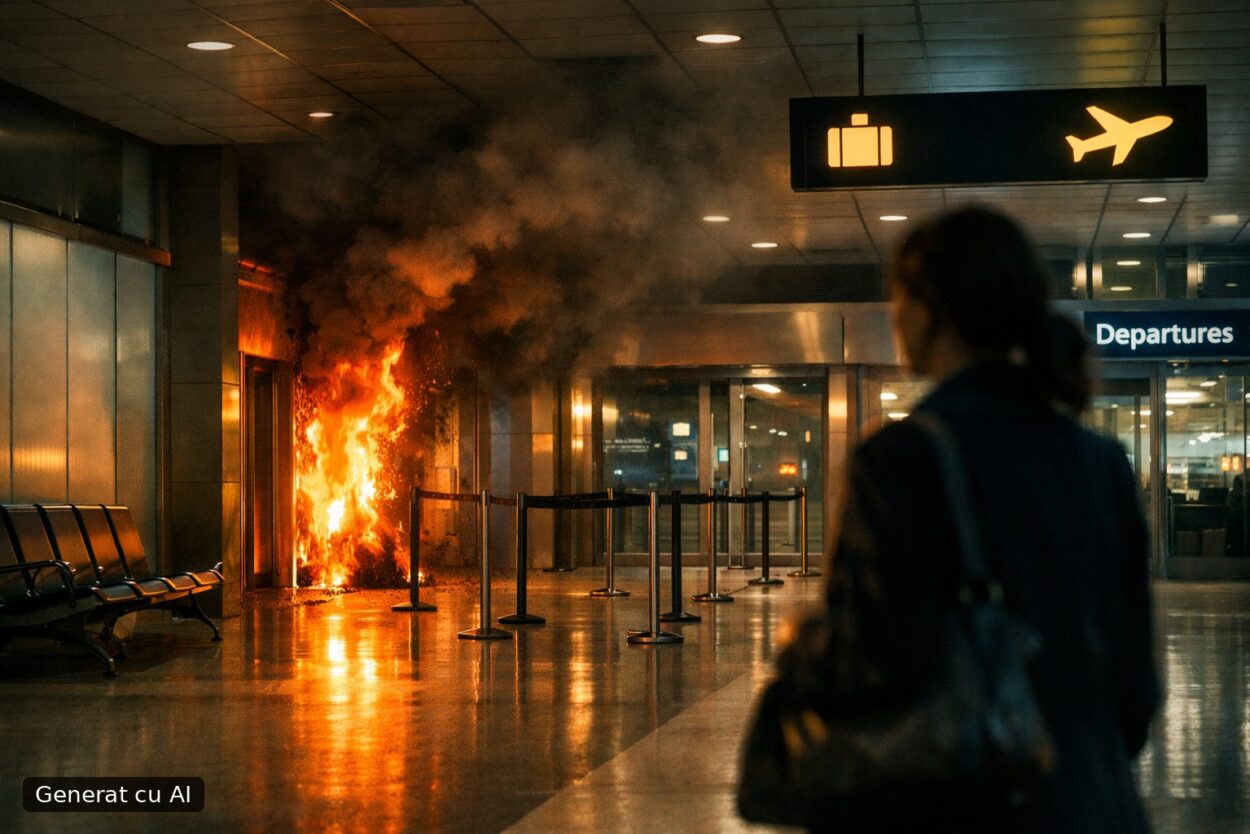 Ilustrație editorială pentru Incendiu între terminalele Sosiri și Plecări la Aeroportul Henri Coandă. O femeie, suspectă; traficul nu a fost afectat. Generat cu AI.