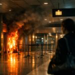 Ilustrație editorială pentru Incendiu între terminalele Sosiri și Plecări la Aeroportul Henri Coandă. O femeie, suspectă; traficul nu a fost afectat. Generat cu AI.