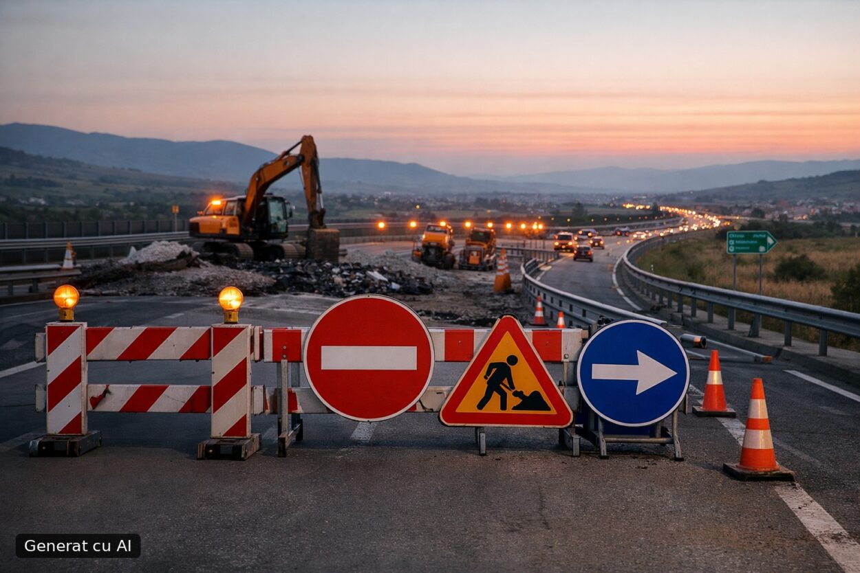 Ilustrație editorială pentru A10 Sebeș–Turda se închide temporar între Unirea și Turda, sens spre Turda. Deviere pe DN1 de la ora 20:00. Generat cu AI.