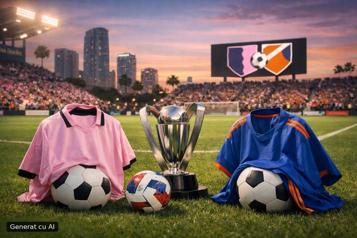 Ilustrație editorială pentru Inter Miami – FC Cincinnati, miercuri seară: miză de play-off în Estul MLS. Generat cu AI.