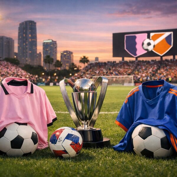 Ilustrație editorială pentru Inter Miami – FC Cincinnati, miercuri seară: miză de play-off în Estul MLS. Generat cu AI.