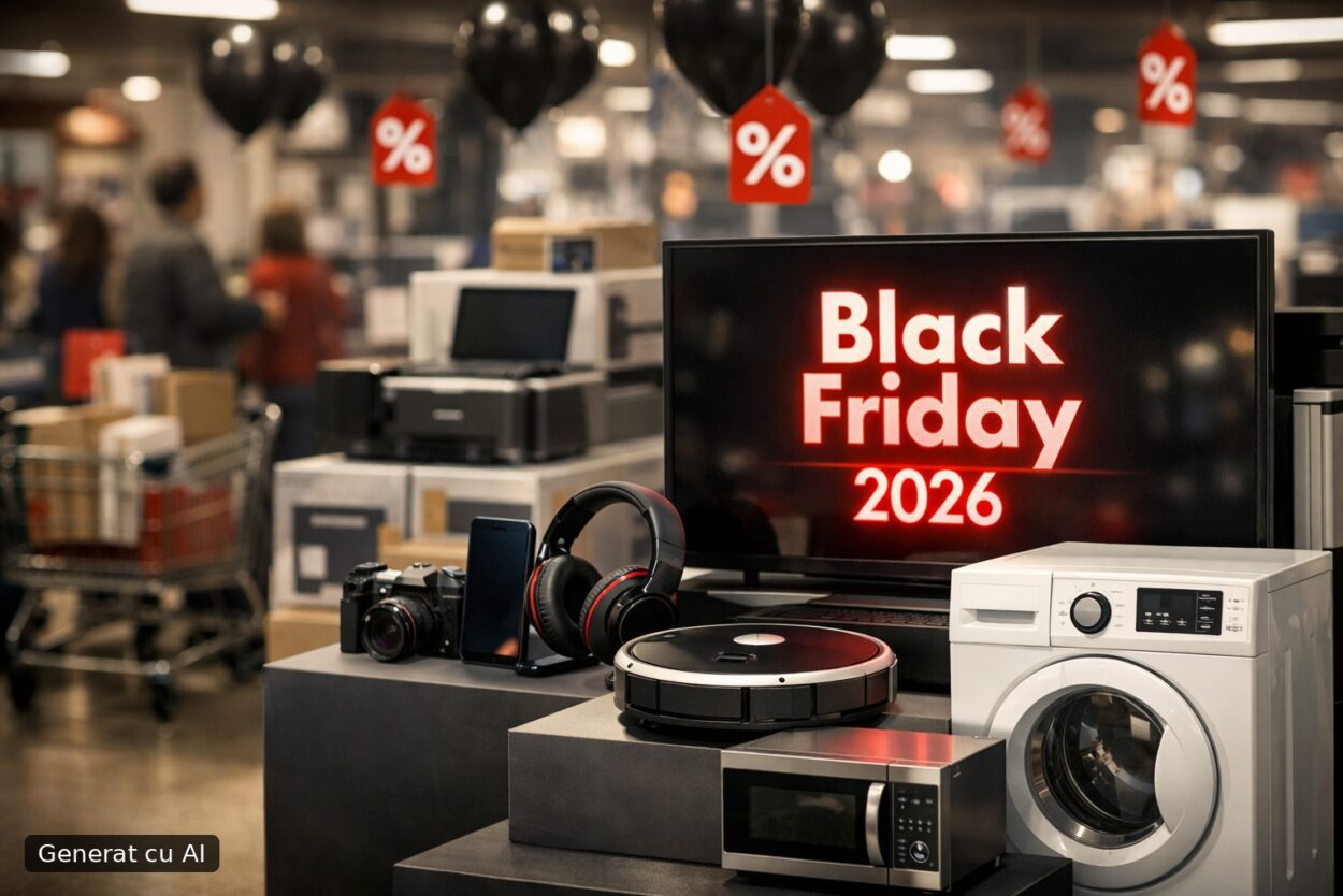 Ilustrație editorială pentru Kaufland anunță Black Friday 2026: 4–17 noiembrie, reduceri mari la electronice și electrocasnice. Generat cu AI.