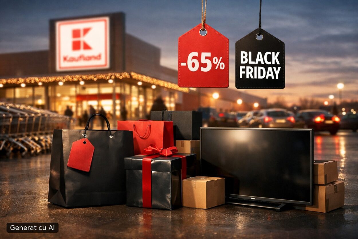 Ilustrație editorială pentru Kaufland dă startul Black Friday pe 4 noiembrie: până la 65% la peste 300 de articole. Generat cu AI.