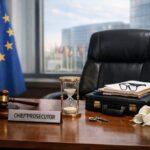 Ilustrație editorială pentru Ultima zi de mandat pentru Laura Codruța Kovesi la Parchetul European. De la 1 noiembrie, conducerea trece la procurorul german Andrés Ritter. Generat cu AI.