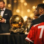 Ilustrație editorială pentru Michael Olise intră în top 10 la Balonul de Aur 2026, Harry Kane câștigă trofeul. Generat cu AI.