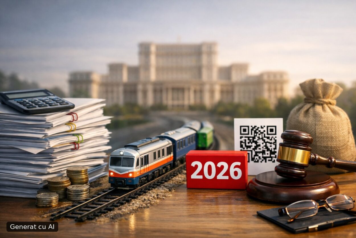 Ilustrație editorială pentru Finanțe pune în dezbatere „ordonanța trenuleț”: dispare „taxa Temu” din 2026, sancțiunile pentru codul QR se amână. Generat cu AI.