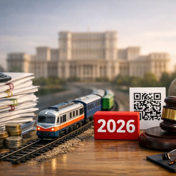 Ilustrație editorială pentru Finanțe pune în dezbatere „ordonanța trenuleț”: dispare „taxa Temu” din 2026, sancțiunile pentru codul QR se amână. Generat cu AI.