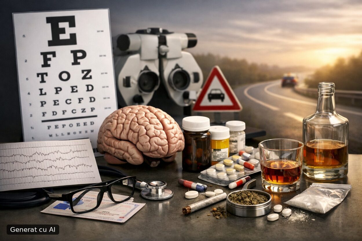 Ilustrație editorială pentru Din 6 noiembrie 2026: criterii medicale noi pentru permisul auto în România — evaluări mai stricte la vedere, tulburări mintale și consum de alcool/droguri/medicamente. Generat cu AI.