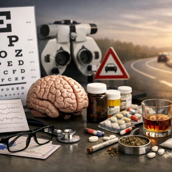 Ilustrație editorială pentru Din 6 noiembrie 2026: criterii medicale noi pentru permisul auto în România — evaluări mai stricte la vedere, tulburări mintale și consum de alcool/droguri/medicamente. Generat cu AI.