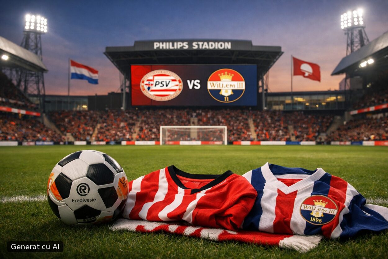 Ilustrație editorială pentru PSV Eindhoven – Willem II, sâmbătă la Philips Stadion în Eredivisie. Generat cu AI.