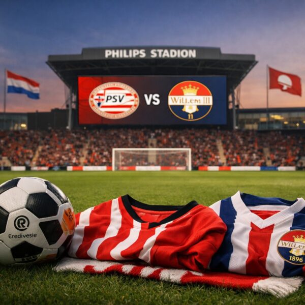 Ilustrație editorială pentru PSV Eindhoven – Willem II, sâmbătă la Philips Stadion în Eredivisie. Generat cu AI.