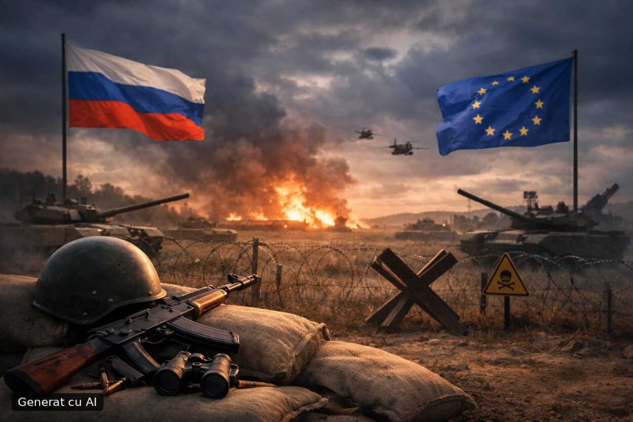 Ilustrație editorială pentru Putin spune că Rusia e „pregătită” pentru un război cu Europa, dar nu îl dorește: „Nu vor exista câștigători”. Generat cu AI.