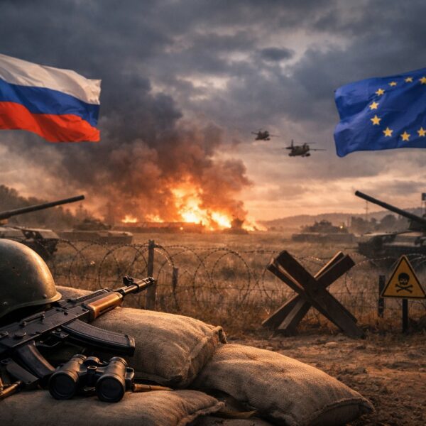 Ilustrație editorială pentru Putin spune că Rusia e „pregătită” pentru un război cu Europa, dar nu îl dorește: „Nu vor exista câștigători”. Generat cu AI.