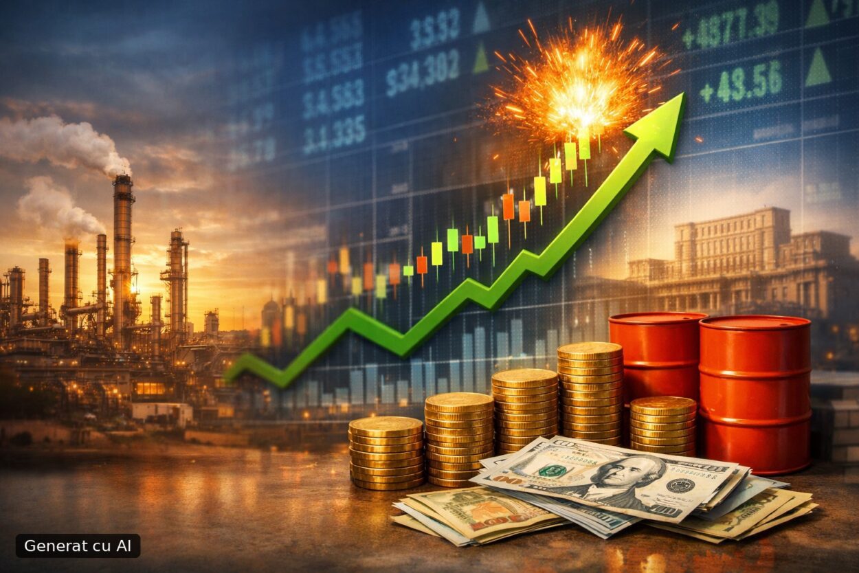 Ilustrație editorială pentru Rompetrol Rafinare explodează la BVB: capitalizare record peste 23 mld. lei, avans de peste 1.000% YTD. Generat cu AI.