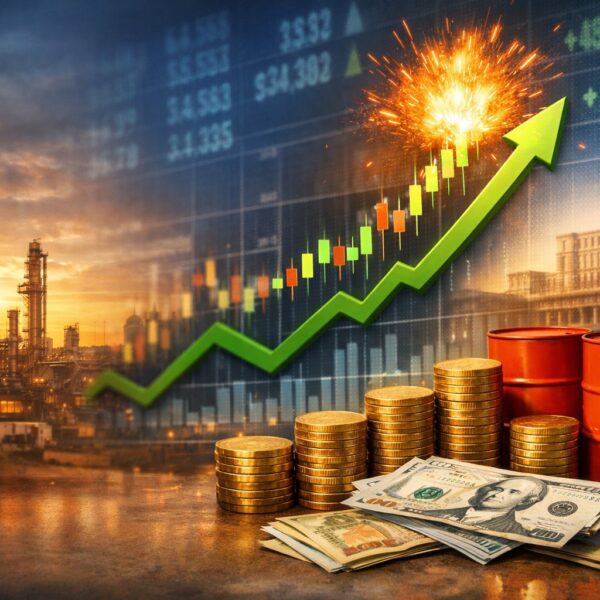 Ilustrație editorială pentru Rompetrol Rafinare explodează la BVB: capitalizare record peste 23 mld. lei, avans de peste 1.000% YTD. Generat cu AI.